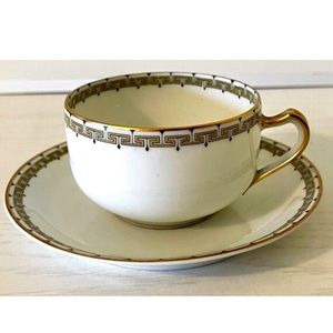 Haviland Limoges France Teacup & Saucer - Greek Key Gold Trim Albany